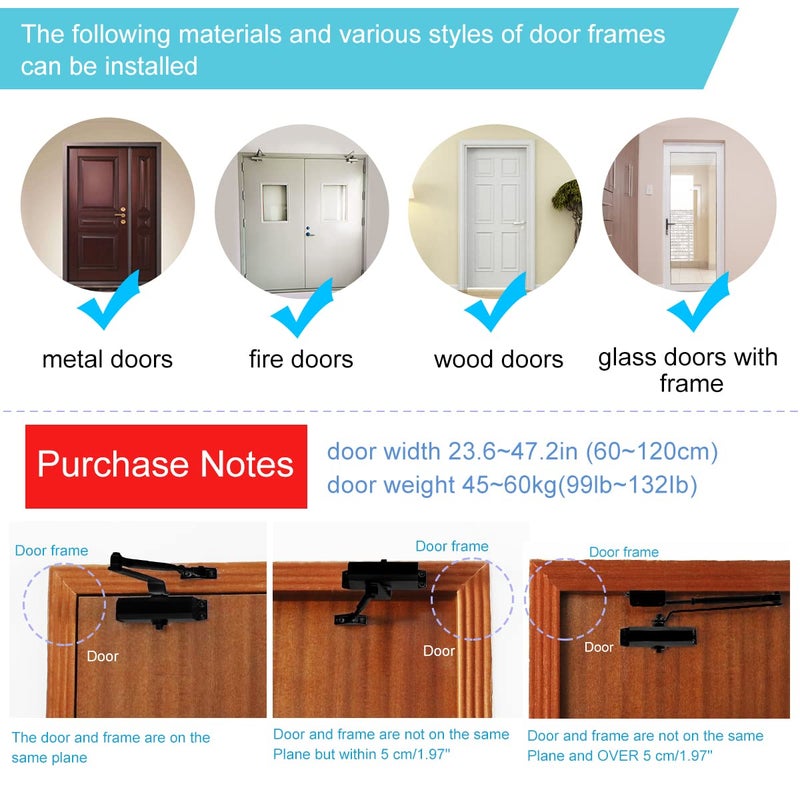 Onarway Adjustable Automatic Size 3 Spring Hydraulic Door Closer/Closure Aluminum Alloy, for Residential and Commercial Use with Fitting Template for Middle-Weight Door-Black - Image 2